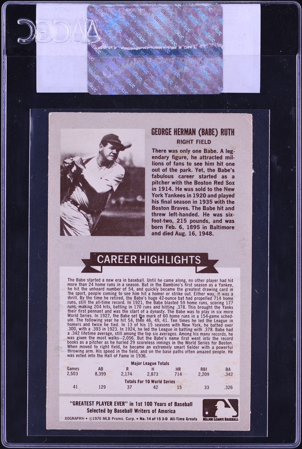1970 Rold Gold All-Time Baseball Greats Babe Ruth #14 CGC AUTH
