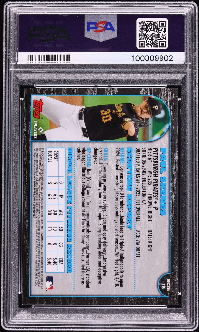 2024 Bowman Chrome '99 25th Anniversary Gold Refractor Paul Skenes ROOKIE /50 #18 PSA 10 - Photo 2