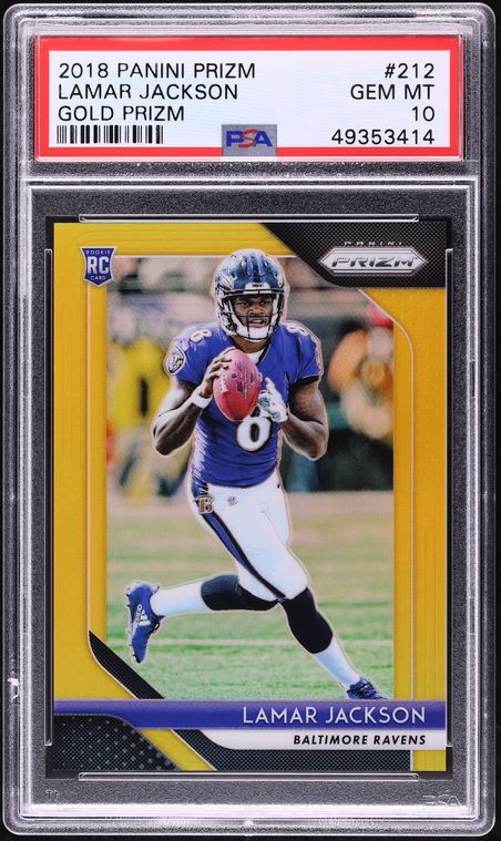 2018 Panini Prizm Gold Lamar Jackson ROOKIE JERSEY # 8/10 #212 PSA 10 GEM MINT