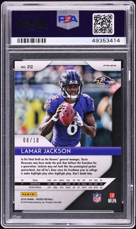 2018 Panini Prizm Gold Lamar Jackson ROOKIE JERSEY # 8/10 #212 PSA 10 GEM MINT