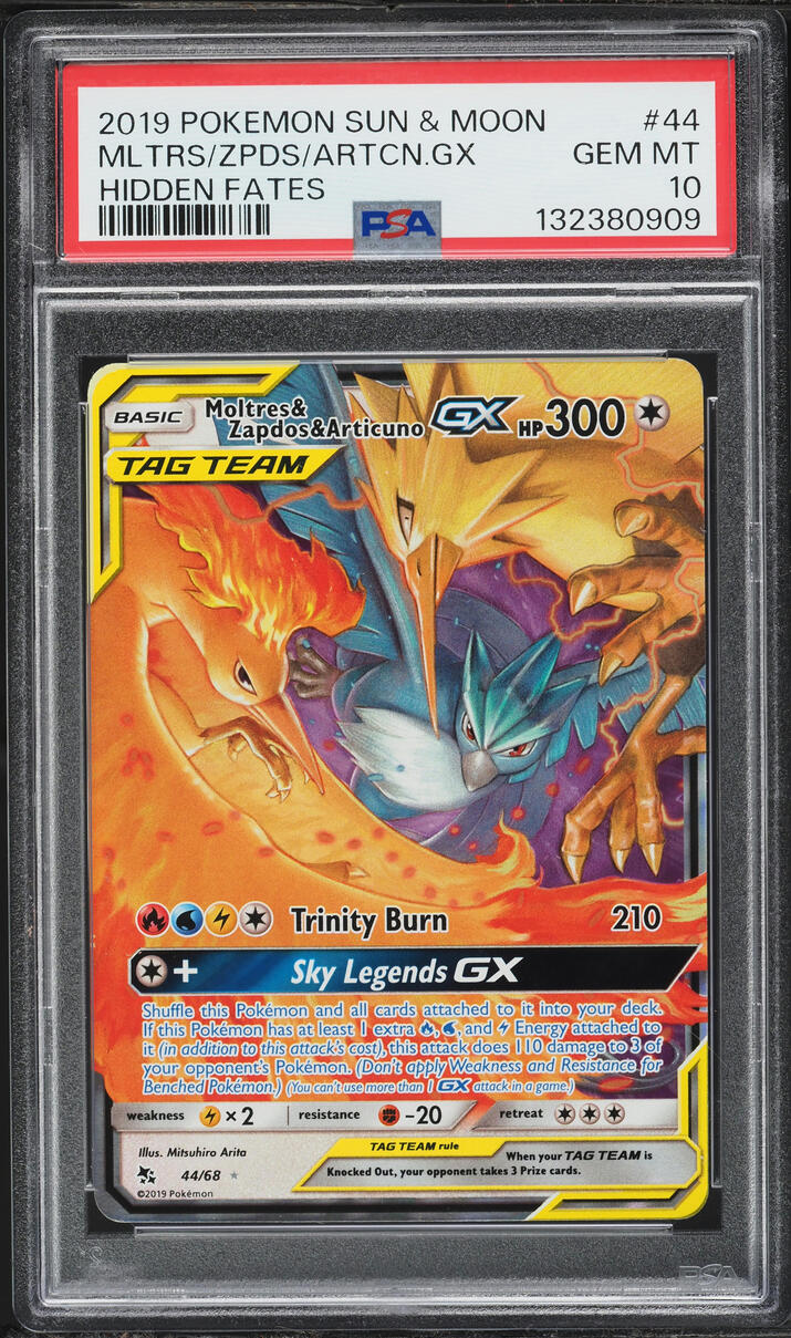 2019 Pokemon Sun & Moon Hidden Fates Full Art Moltres Zapdos Articuno GX #44 PSA 10 GEM MINT
