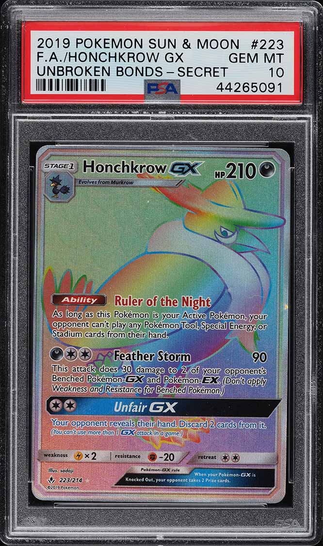 2019 Pokemon Sun & Moon Unbroken Bonds Rainbow Rare Honchkrow GX #223 PSA 10 GEM MINT
