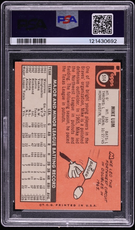 1969 Topps Mike Lum #514 PSA 8(oc) NM-MT