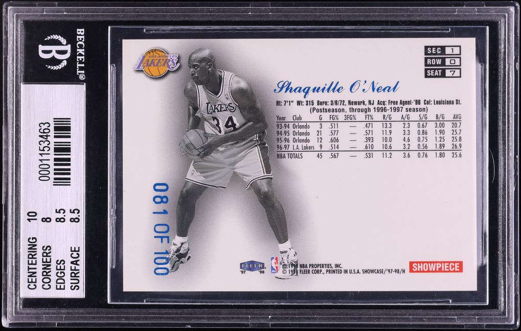 1997 Flair Showcase Legacy Collection Row 0 Shaquille O'Neal /100 #7 BGS 8.5 NM-MT+