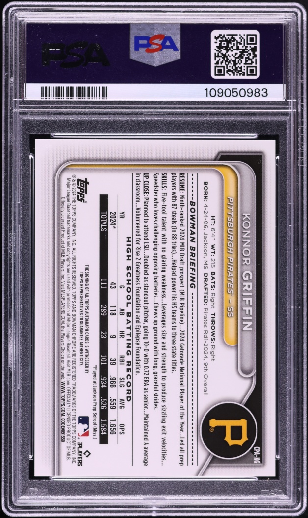2024 Bowman Chrome Draft Sapphire Konnor Griffin PROSPECT AUTO /199 #CPA-KG PSA 9 MINT