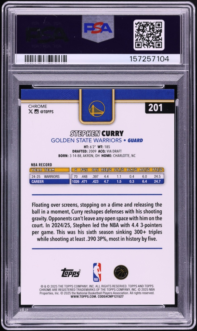 2025 Topps Chrome Sapphire Edition Gold Stephen Curry /50 #201 PSA 10 GEM MINT