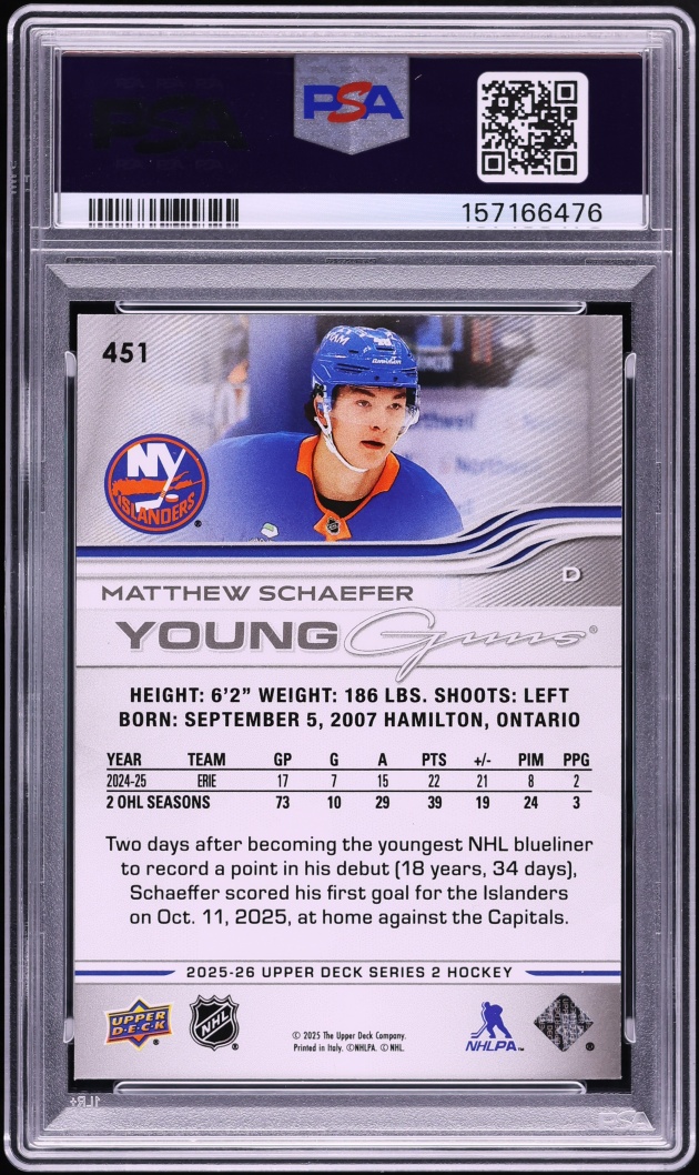 2025 Upper Deck Young Guns Matthew Schaefer ROOKIE #451 PSA 9 MINT