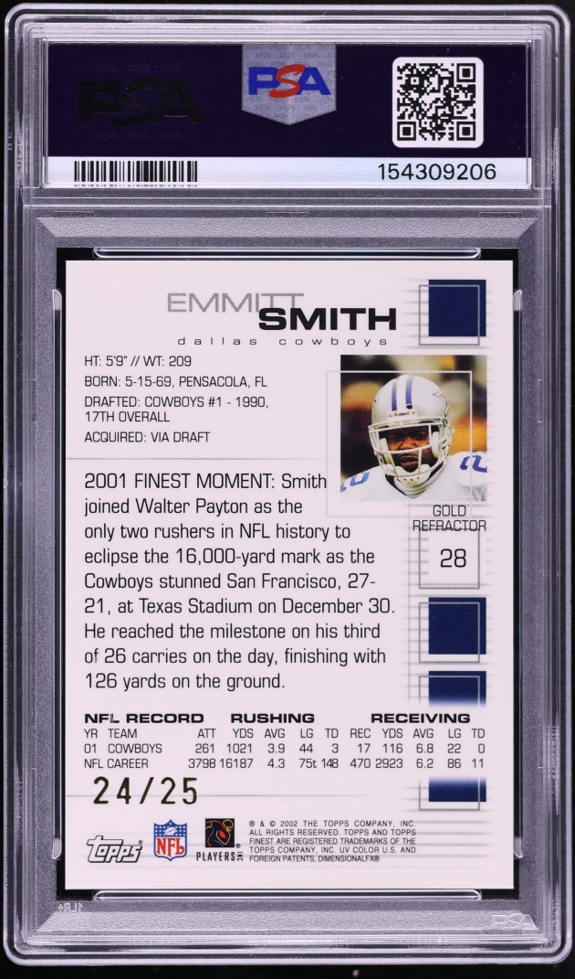 2002 Finest Gold Refractor Emmitt Smith /25 #28 PSA 10 GEM MINT