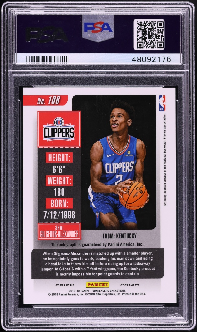 2018 Panini Contenders Premium Shai Gilgeous-Alexander ROOKIE AUTO #106 PSA 10 GEM MINT