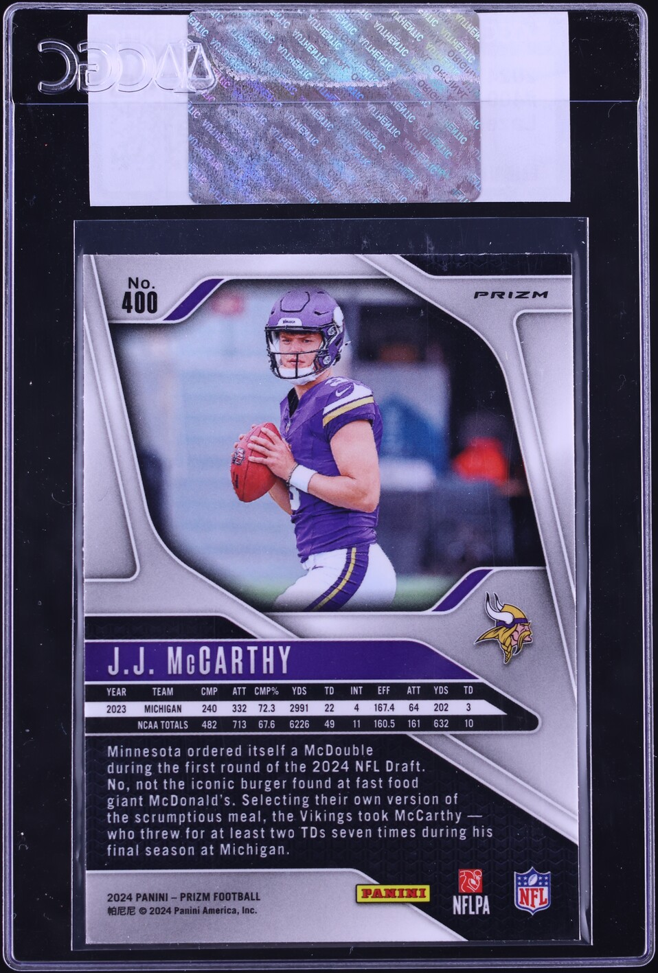 2024 Panini Prizm Lazer J.J. McCarthy ROOKIE #400 CGC AUTH