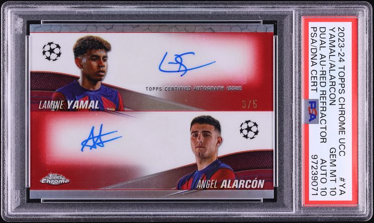 2023 Topps Chrome UEFA Red Refractor Lamine Yamal Angel Alarcon ROOKIE AUTO DNA 10 /5 PSA 10