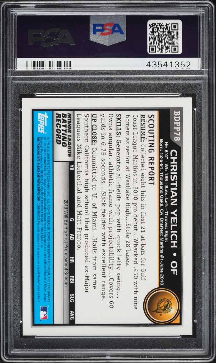 2010 Bowman Chrome Draft Picks & Prospects Christian Yelich PROSPECT #BDPP78 PSA 10 GEM MINT