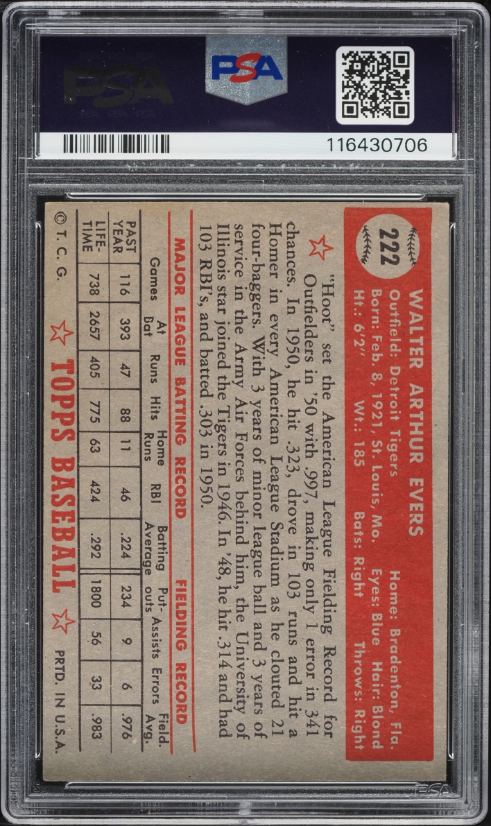 1952 Topps Hoot Evers #222 PSA 4 VGEX