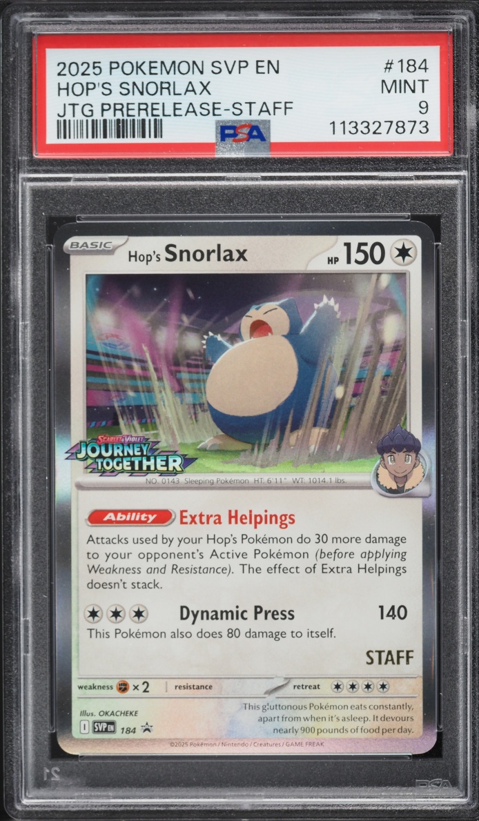 2025 Pokemon SV Promo Journey Together Prerelease Staff Hop's Snorlax #184 PSA 9 MINT
