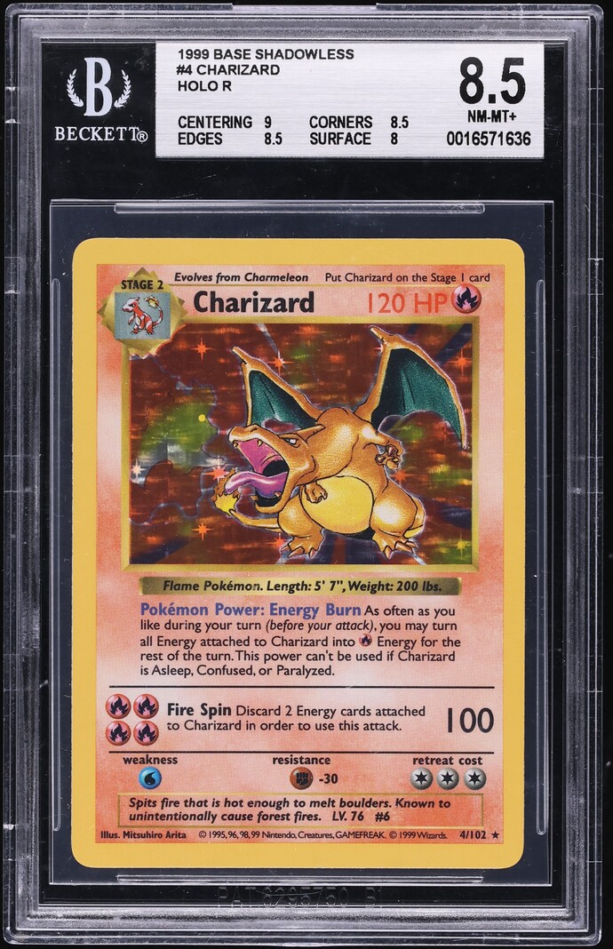 1999 Pokemon Base Set Shadowless Holo Charizard #4 BGS 8.5 NM-MT+