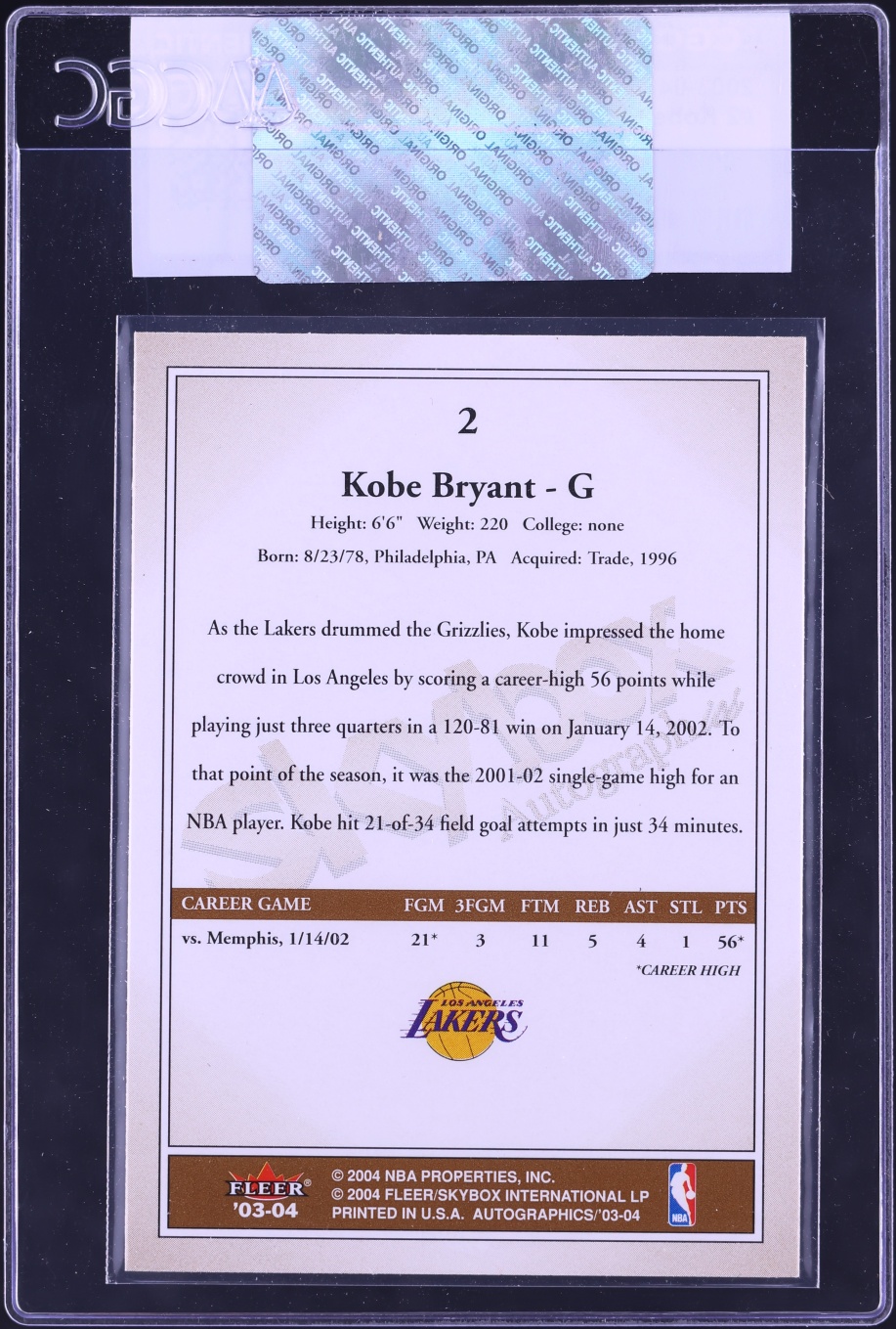 2003 Skybox Autographics Kobe Bryant #2 CGC AUTH