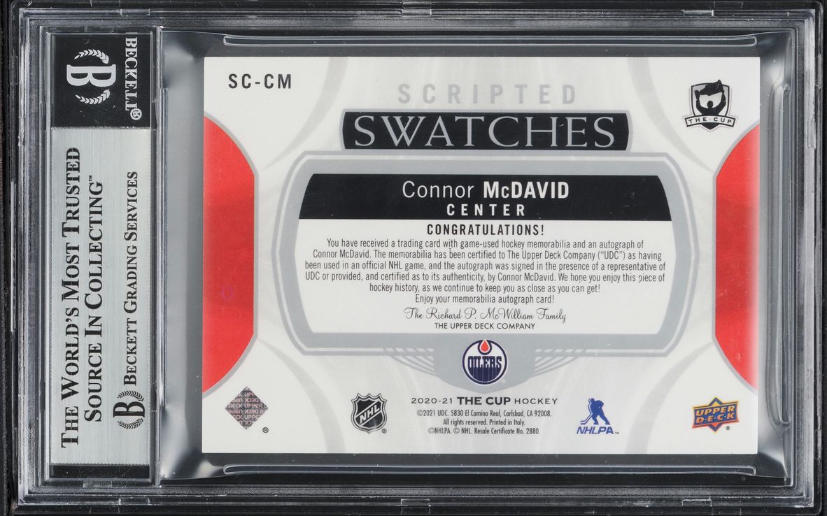 2020 Upper Deck The Cup Scripted Swatches Connor McDavid PATCH AUTO /35 #SC-CM BGS 9 MINT