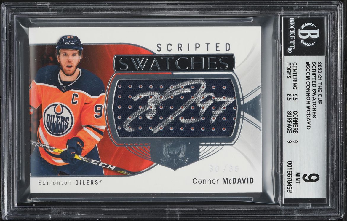 2020 Upper Deck The Cup Scripted Swatches Connor McDavid PATCH AUTO /35 #SC-CM BGS 9 MINT