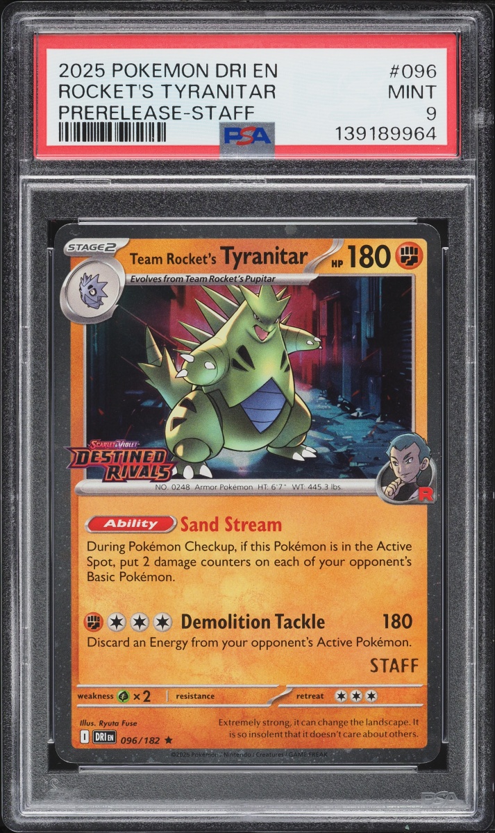 2025 Pokemon SV Destined Rivals Prerelease Staff Holo Team Rocket's Tyranitar #96 PSA 9 MINT