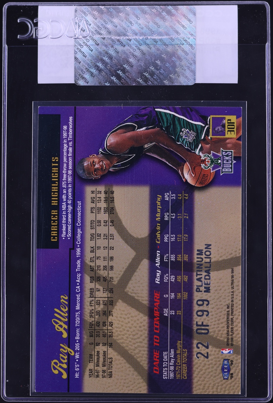 1998 Ultra Platinum Medallion Ray Allen /99 #30P CGC AUTH