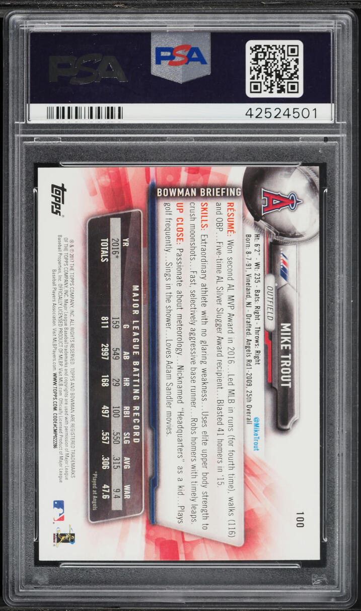 2017 Bowman Mike Trout #100 PSA 10 GEM MINT