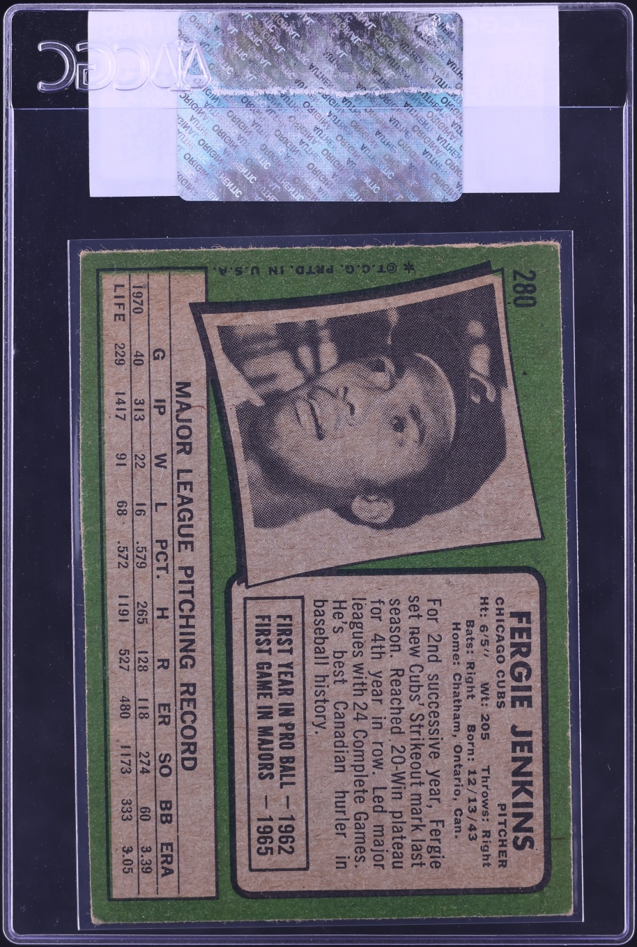 1971 Topps Fergie Jenkins #280 CGC AUTH