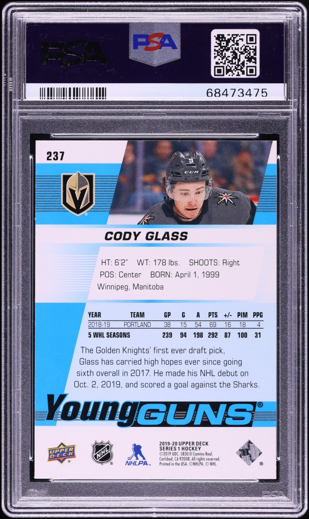 2019 Upper Deck Young Guns Cody Glass ROOKIE #237 PSA 10 GEM MINT