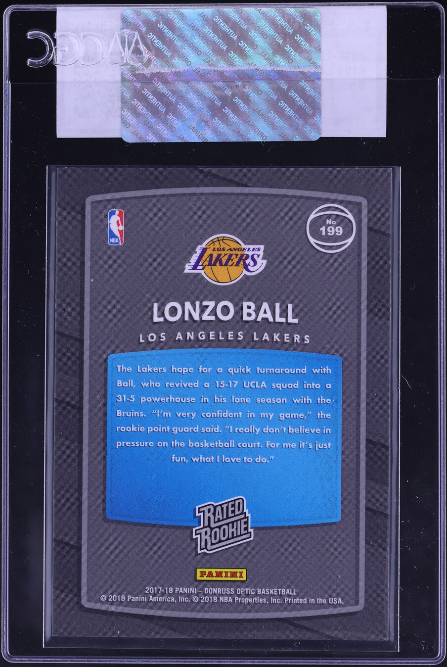 2017 Donruss Optic Shock Lonzo Ball ROOKIE #199 CGC AUTH