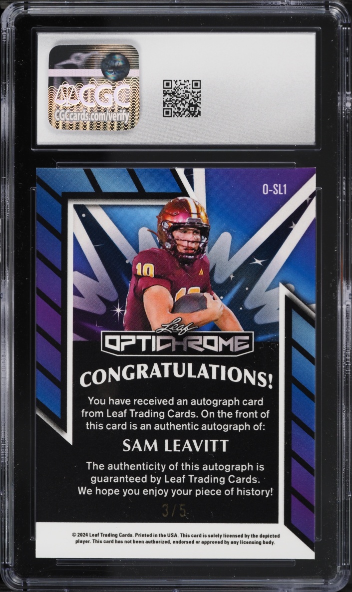 2024 Leaf Eclectic Optichrome Prismatic Green Sam Leavitt ROOKIE AUTO /5 #O-SL1 CGC 9.5 MINT+