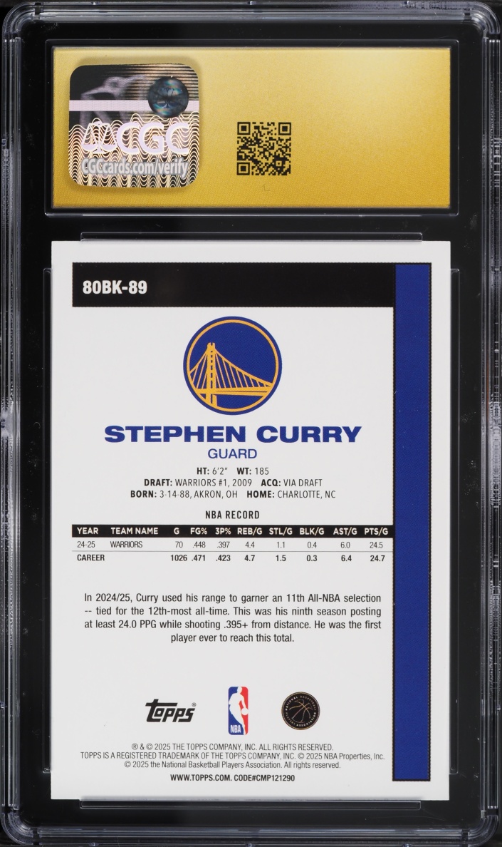2025 Topps Basketball '80 Stephen Curry #80BK-89 CGC 10 PRISTINE