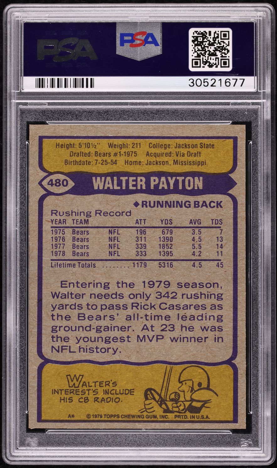 1979 Topps Football Walter Payton ALL-PRO #480 PSA 10 GEM MINT
