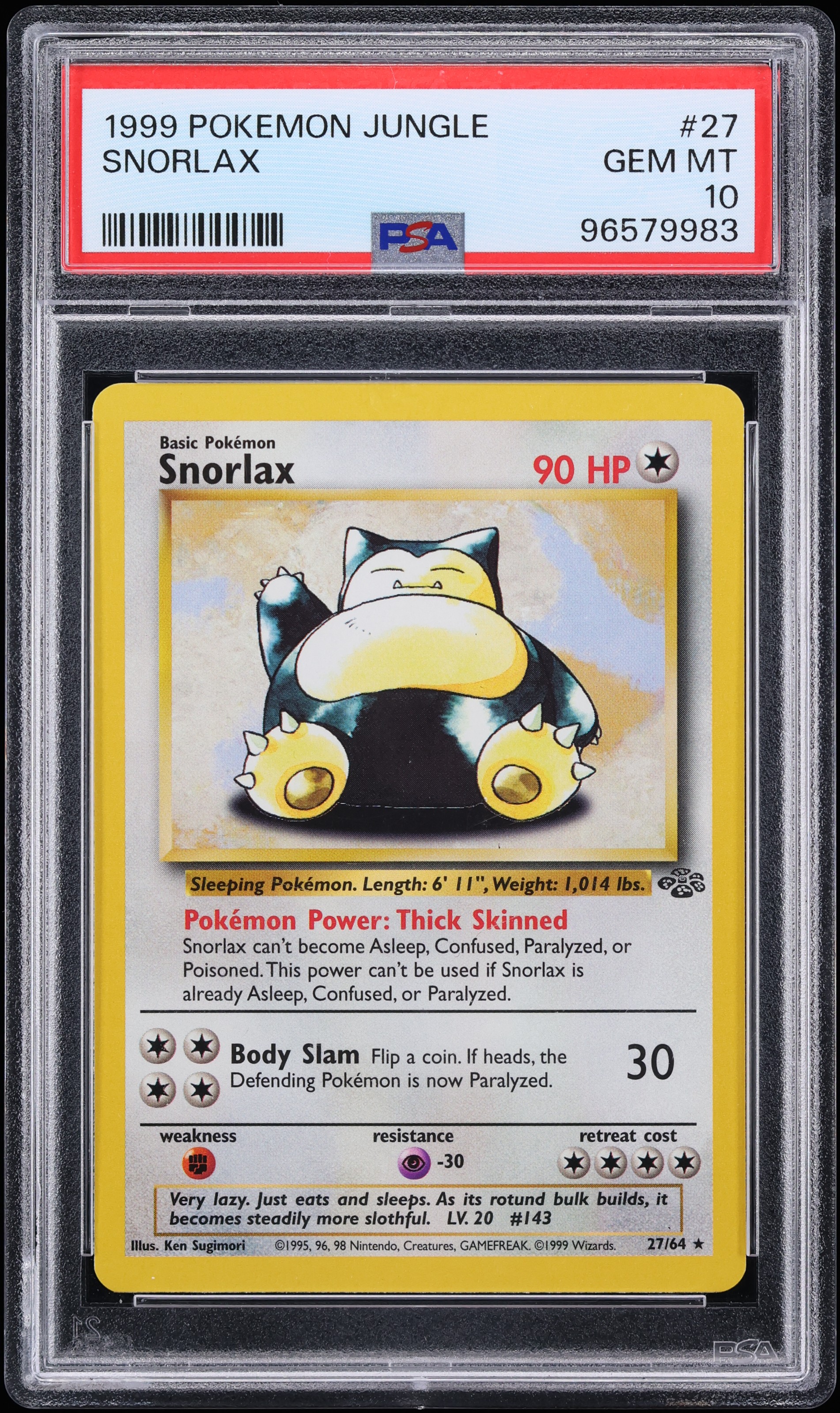 1999 Pokemon Jungle Snorlax #27 PSA 10 GEM MINT