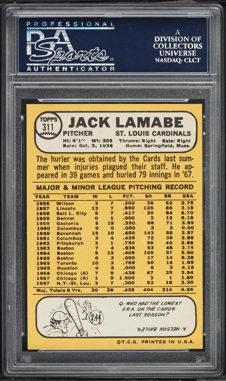 1968 Topps Jack Lamabe #311 PSA 8 NM-MT