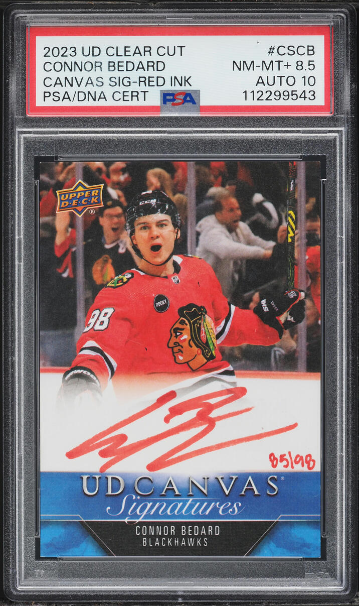 2023 Upper Deck Clear Cut Canvas Red Ink Connor Bedard ROOKIE AUTO DNA 10 /98 #CSCB PSA 8.5