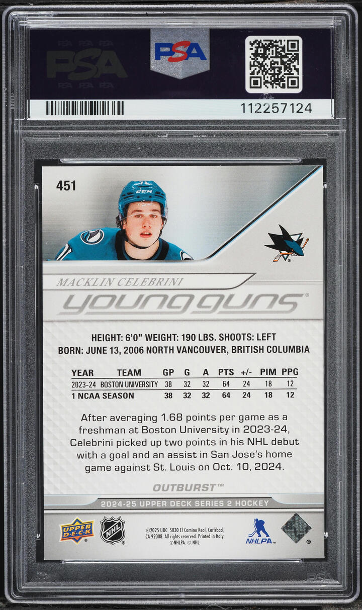 2024 Upper Deck Young Guns Outburst Macklin Celebrini ROOKIE #451 PSA 10 GEM