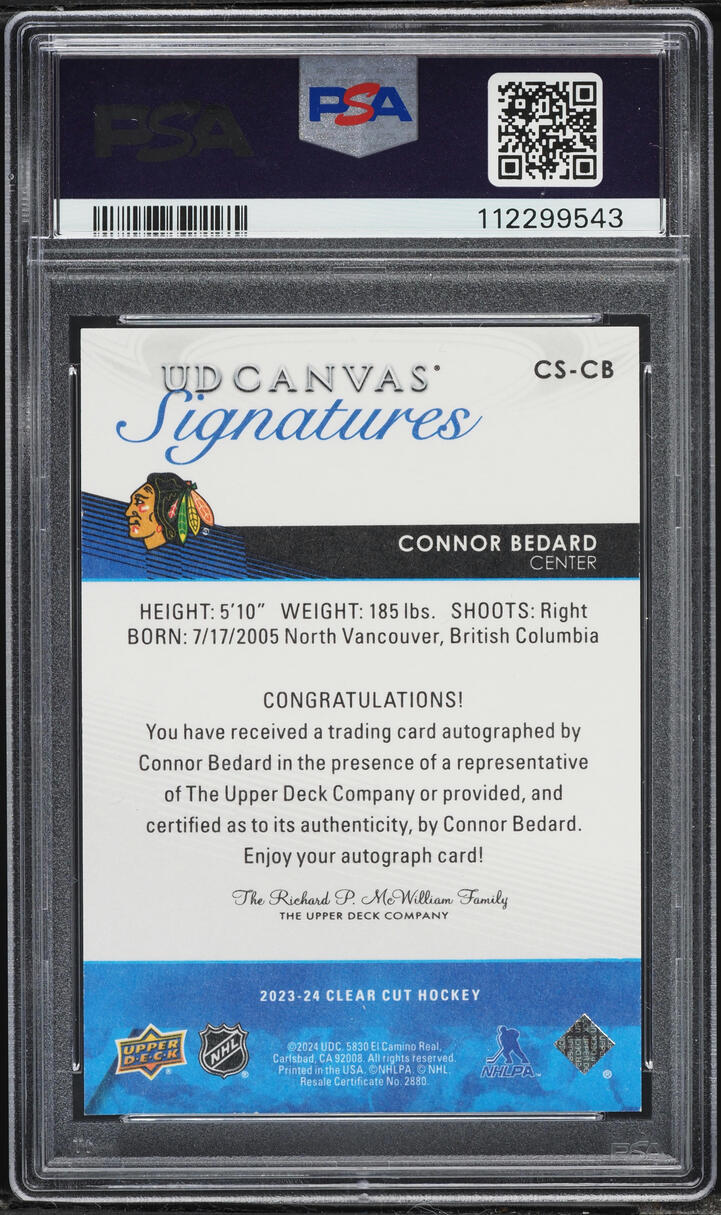2023 Upper Deck Clear Cut Canvas Red Ink Connor Bedard ROOKIE AUTO DNA 10 /98 #CSCB PSA 8.5