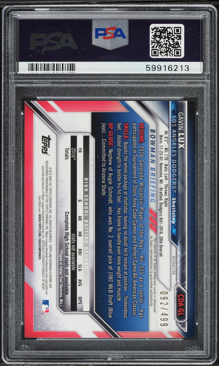 2016 Bowman Chrome Refractor Gavin Lux PROSPECT AUTO /499 #CDA-GL PSA 9 MINT