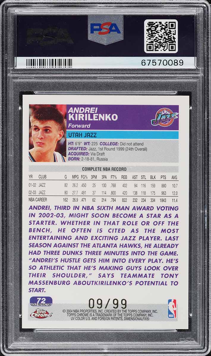 2003 Topps Chrome Gold Refractor Andrei Kirilenko /99 #72 PSA 9 MINT