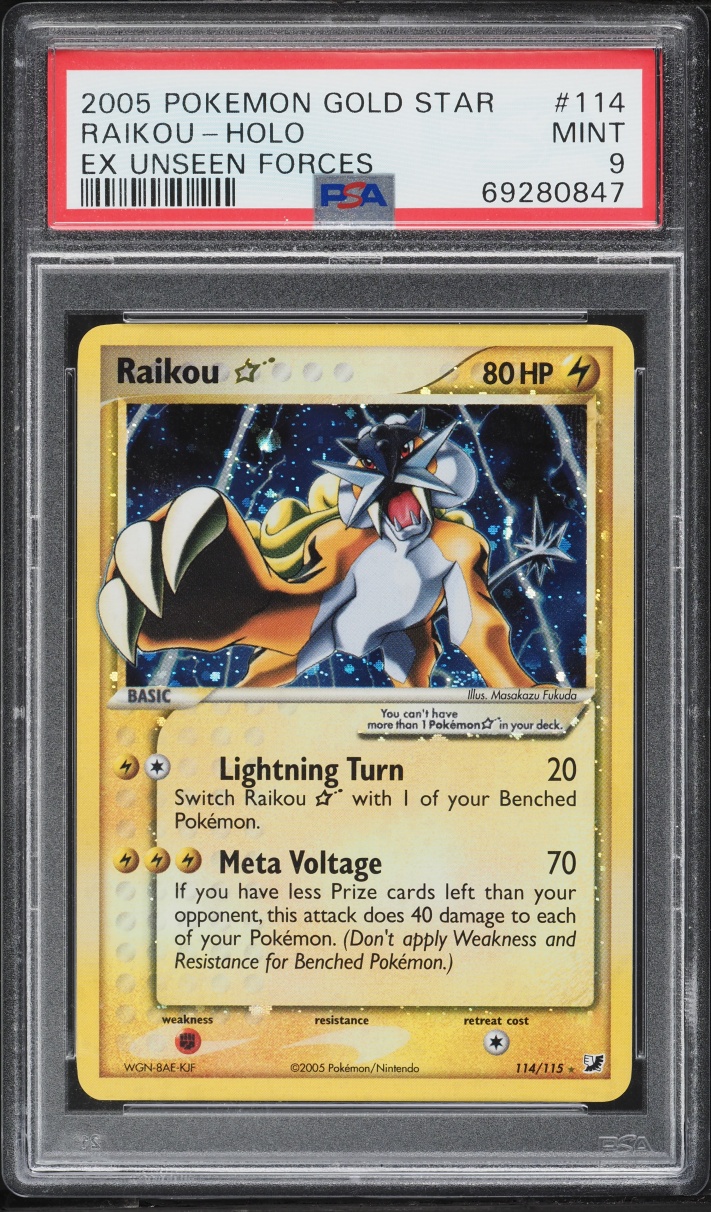 2005 Pokemon EX Unseen Forces Holo Raikou Gold Star #114 PSA 9 MINT