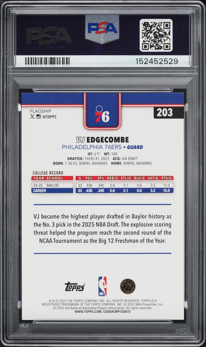 2025 Topps Basketball VJ Edgecombe ROOKIE #203 PSA 9 MINT