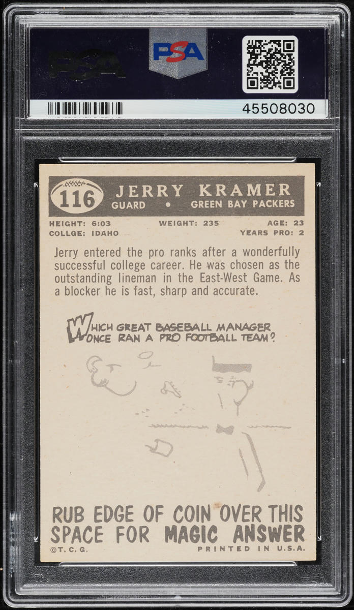 1959 Topps Football Jerry Kramer ROOKIE #116 PSA 9 MINT