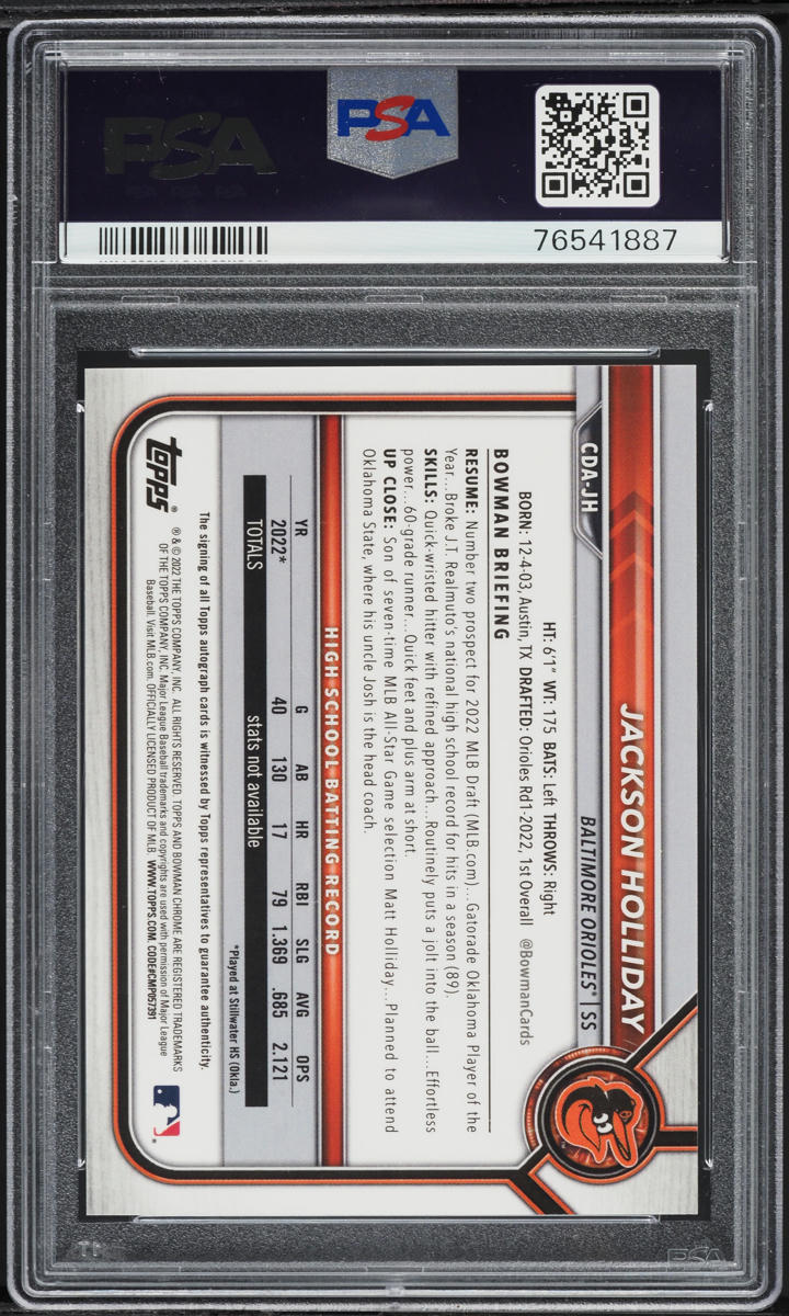 2022 Bowman Chrome Draft Pick Jackson Holliday PROSPECT AUTO #CDA-JH PSA 7 NRMT