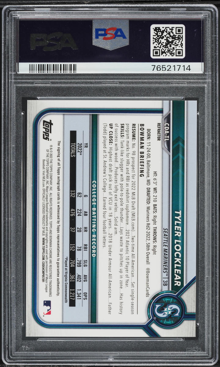 2022 Bowman Chrome Refractor Tyler Locklear PROSPECT AUTO /499 #CDATL PSA 10 GEM MINT