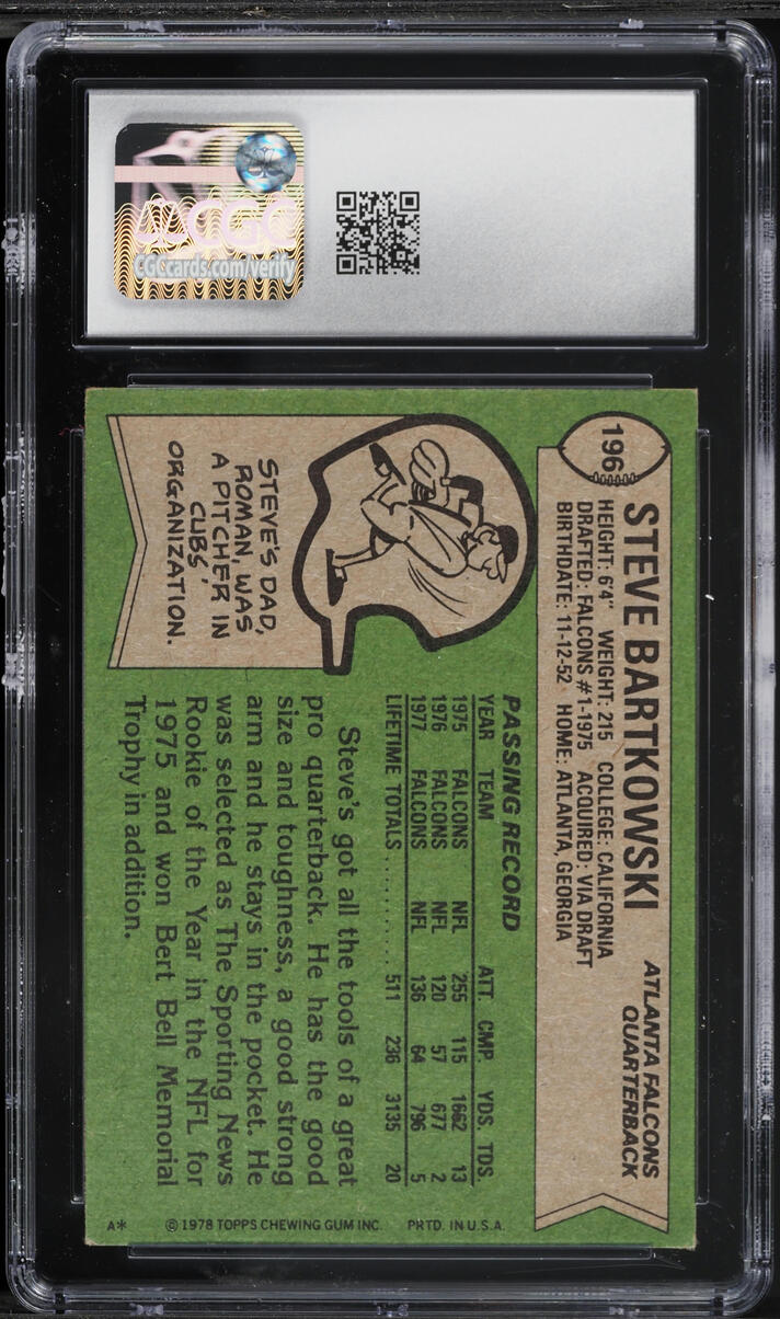 1978 Topps Football Steve Bartkowski #196 CGC 4 VGEX