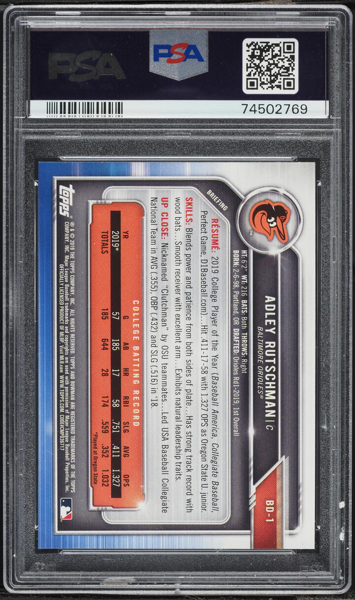 2019 Bowman Draft Adley Rutschman PROSPECT #BD-1 PSA 8 NM-MT