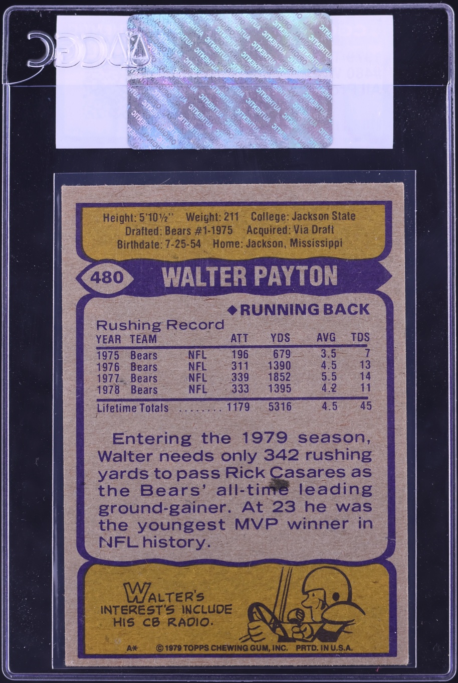1979 Topps Football Walter Payton ALL-PRO #480 CGC AUTH