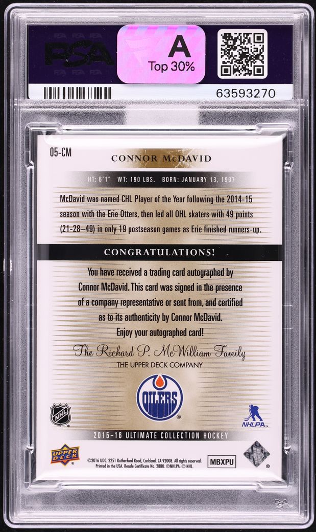 2015 Ultimate Collection Connor McDavid ROOKIE AUTO DNA 10 /175 #05-CM PSA 9