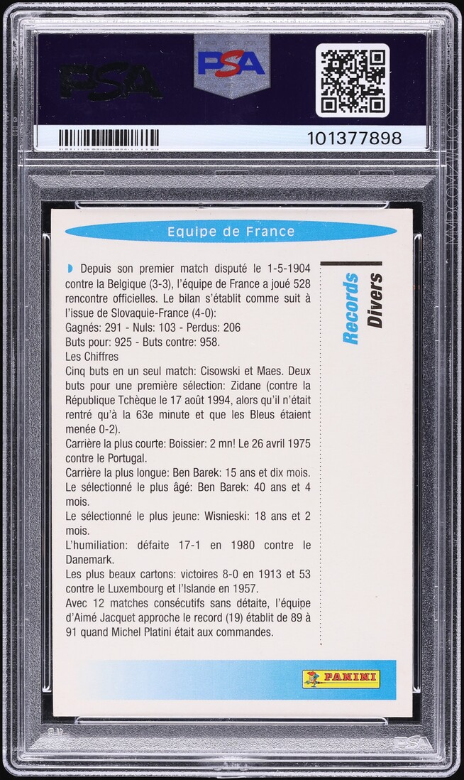 1995 Panini U.N.F.P. Les Records Zinedine Zidane #R16 PSA 5 EX on