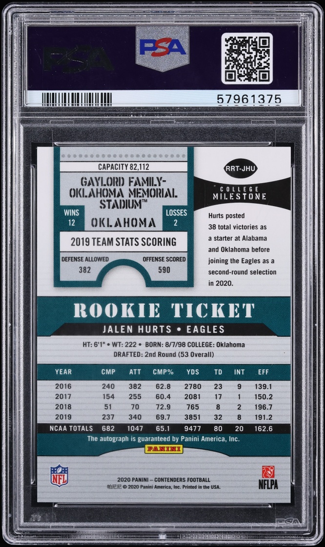 2020 Panini Contenders 2000 Ticket Jalen Hurts AUTO DNA 10 /20 #JHU PSA/DNA 10 GEM MINT - Photo 2