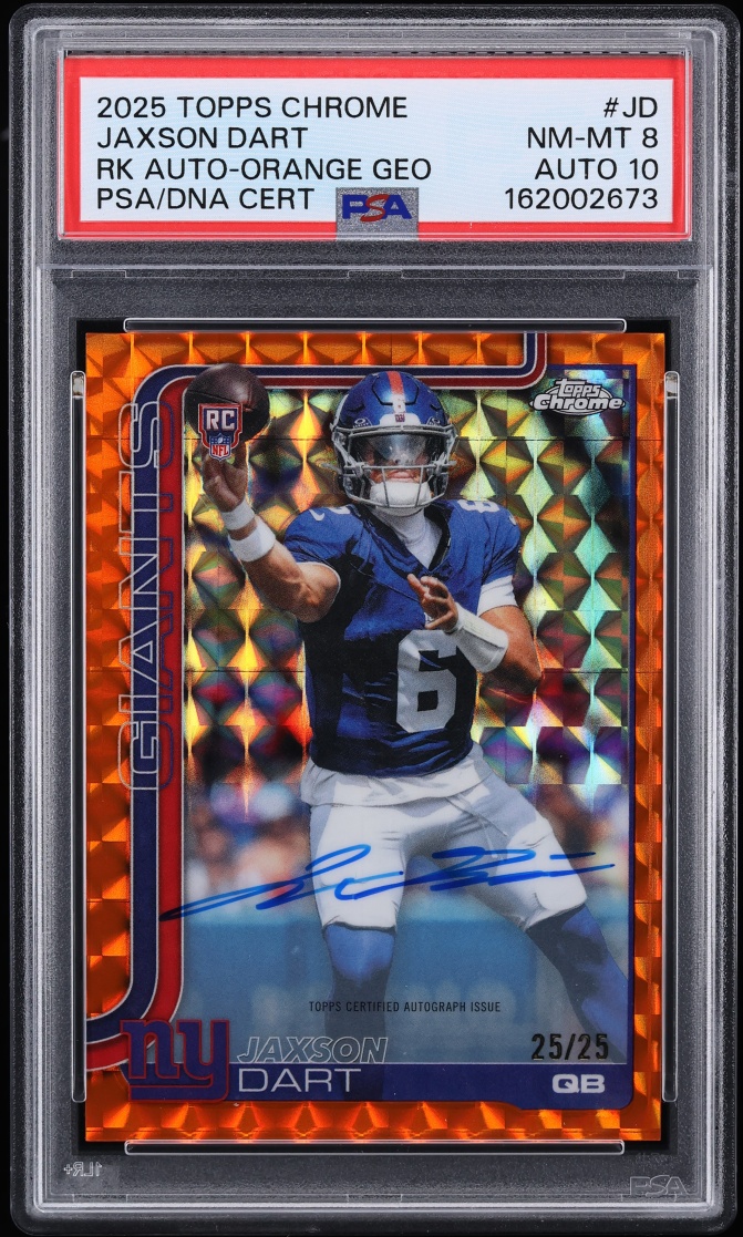 2025 Topps Chrome Orange Geometric Jaxson Dart ROOKIE AUTO DNA 10 25/25 #RA-JD PSA 8 NM-MT